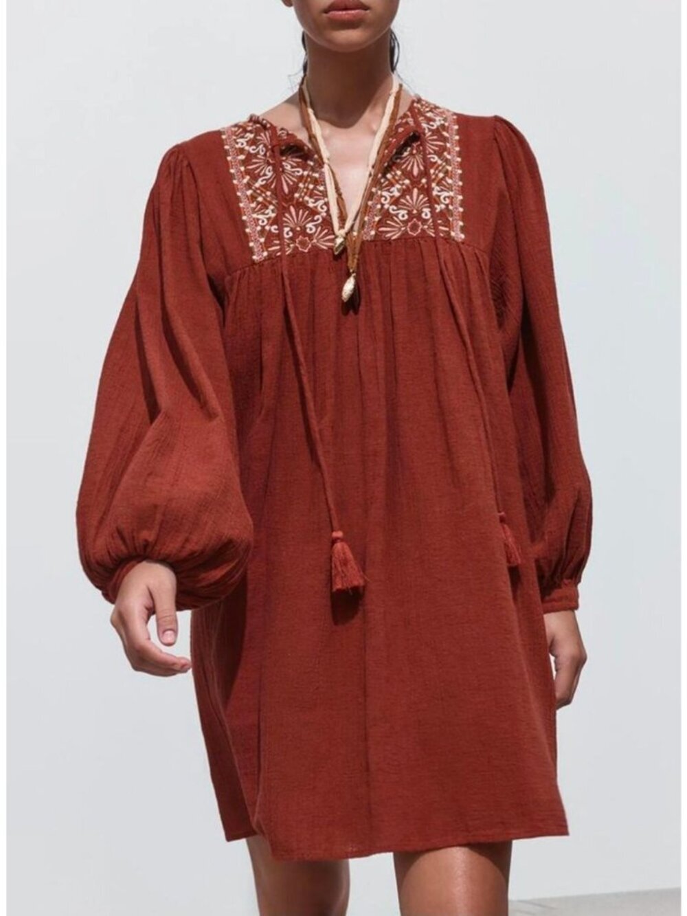 Zara Boho Embroidered Balloon Sleeve Mini Dress Tassel Tie sz M Linen Blend